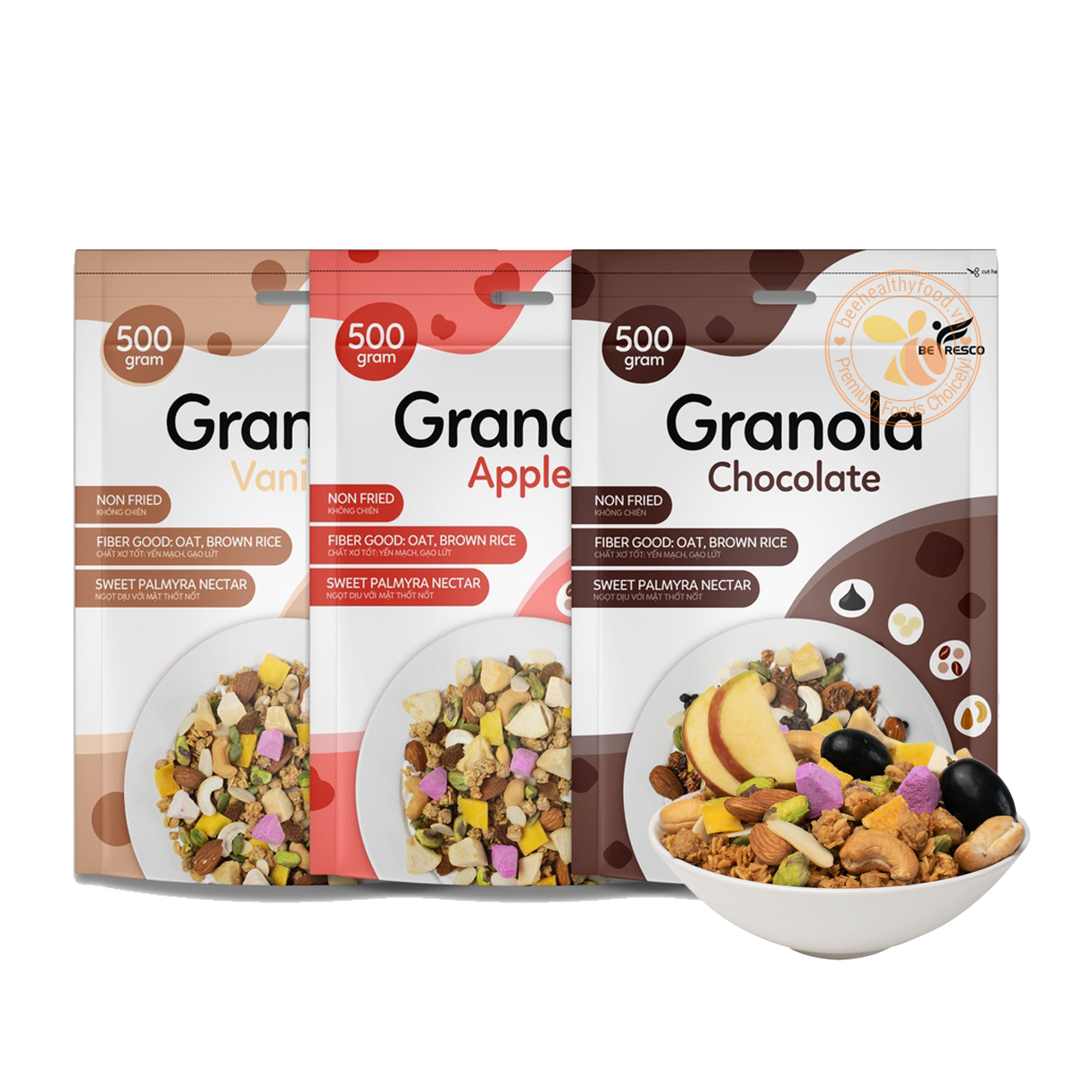 [MỚI] Granola 03 Vị Siêu Hạt Befresco 500g - Ngũ Cốc Nướng Phồng Ăn Kiêng Mix Sữa Chua Sấy, Mật Thốt Nột Dịu Ngọt